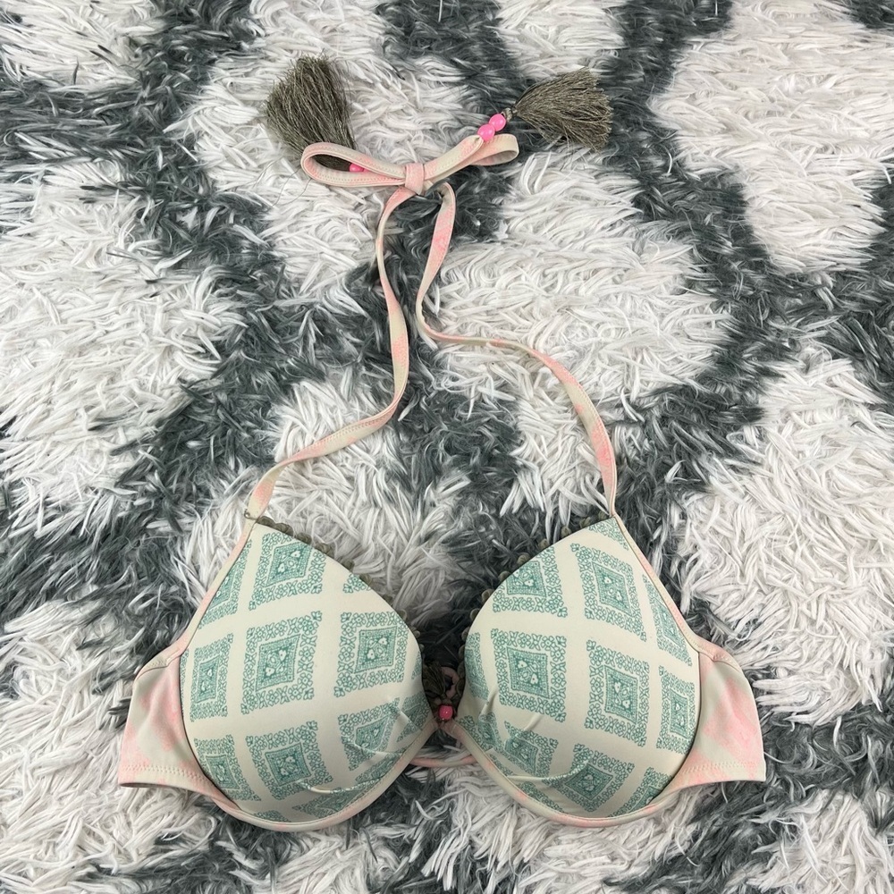 Victoria's Secret Women's Bikini Top Green Pink Ivory Tassels Size 36D